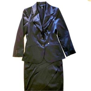 Apart Navy Satin Two-Piece Pleated Blazer and Skirt Suit Size 4